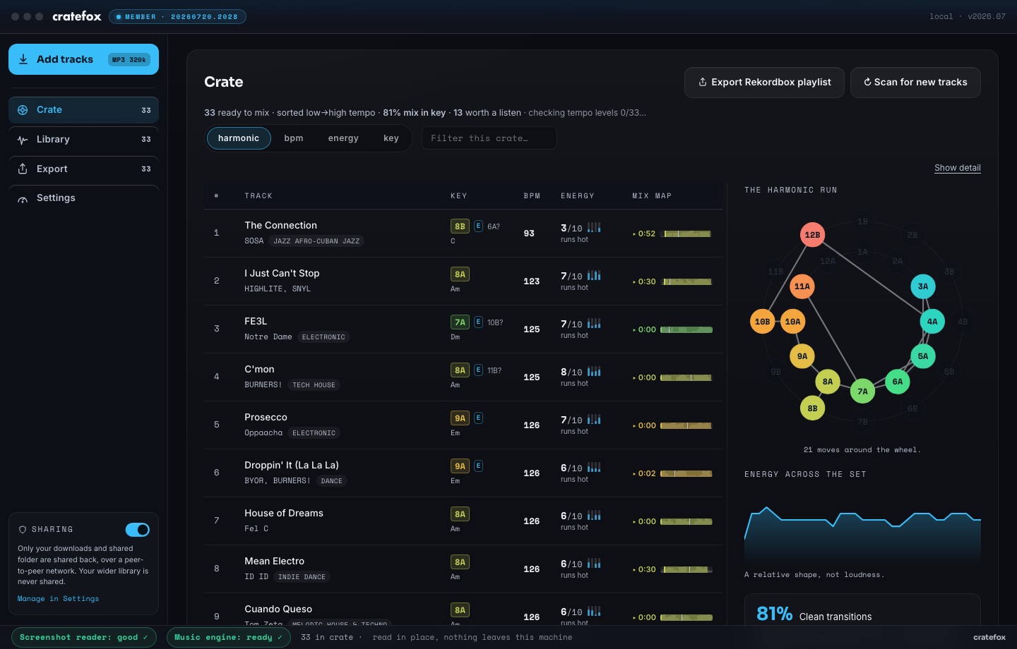 The Crate screen: 33 tracks sorted low to high tempo with key chips, energy, mix maps, and the harmonic run wheel