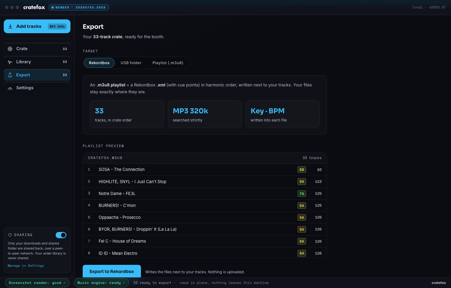 The Export screen: Rekordbox target selected, a playlist preview in crate order, and an Export to Rekordbox button