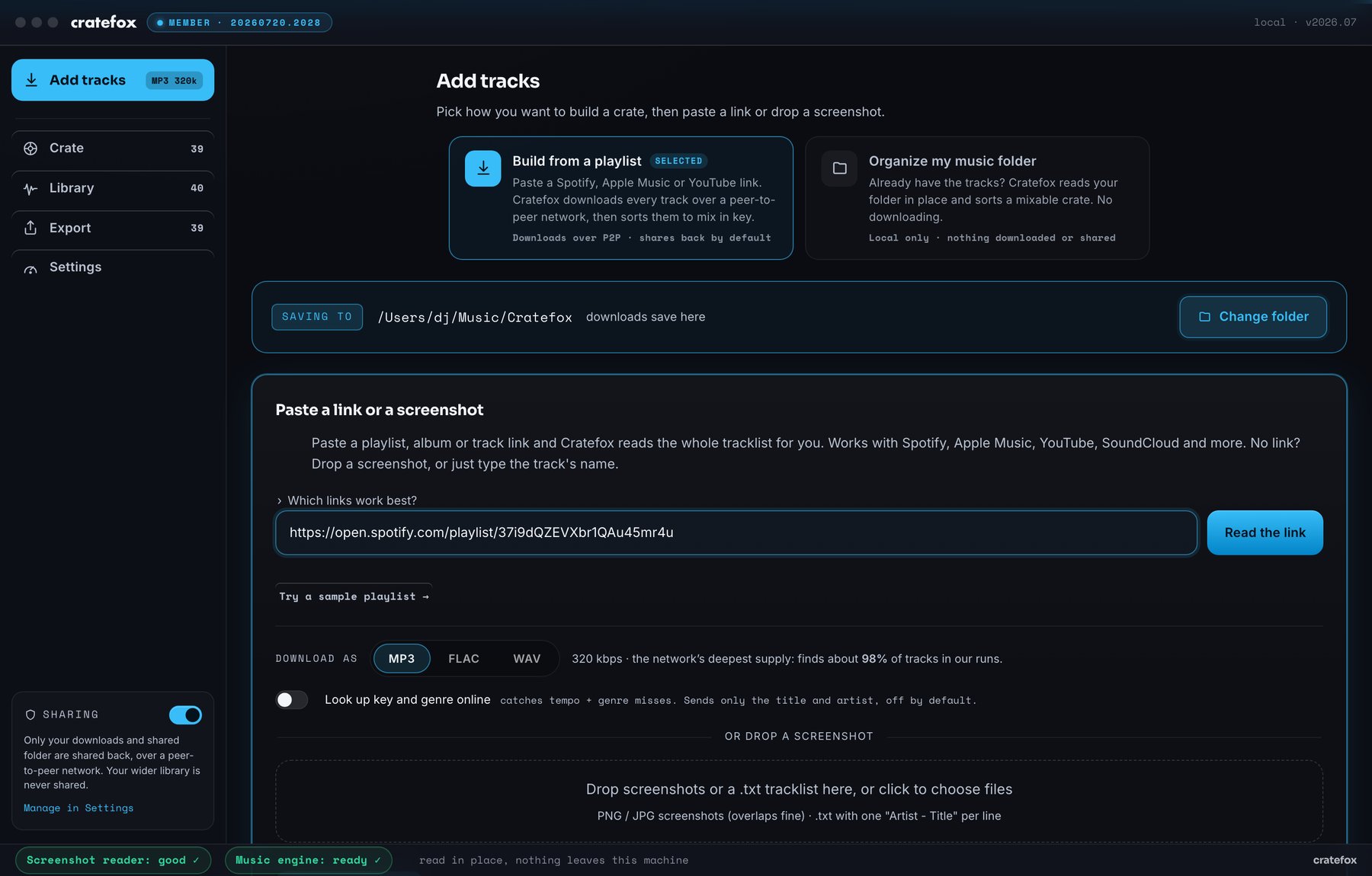 The Add tracks screen with a Spotify playlist link pasted into the input box, ready to read