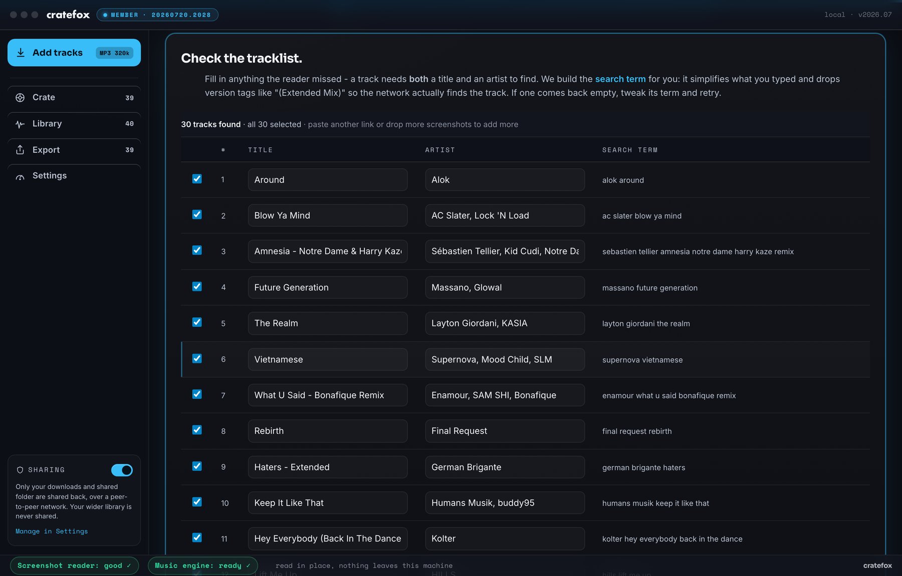 Check the tracklist: 30 tracks read from the playlist link, title and artist editable per row, with the search term built from them