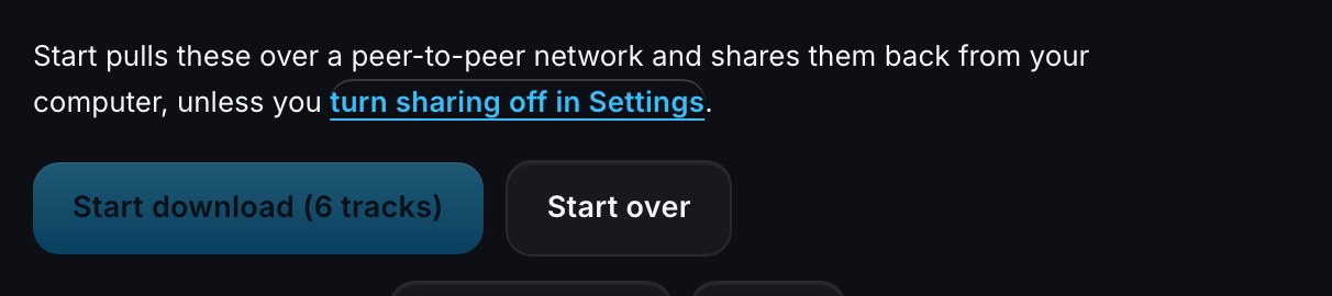 Close-up of the Start download button with the plain-words sharing note above it