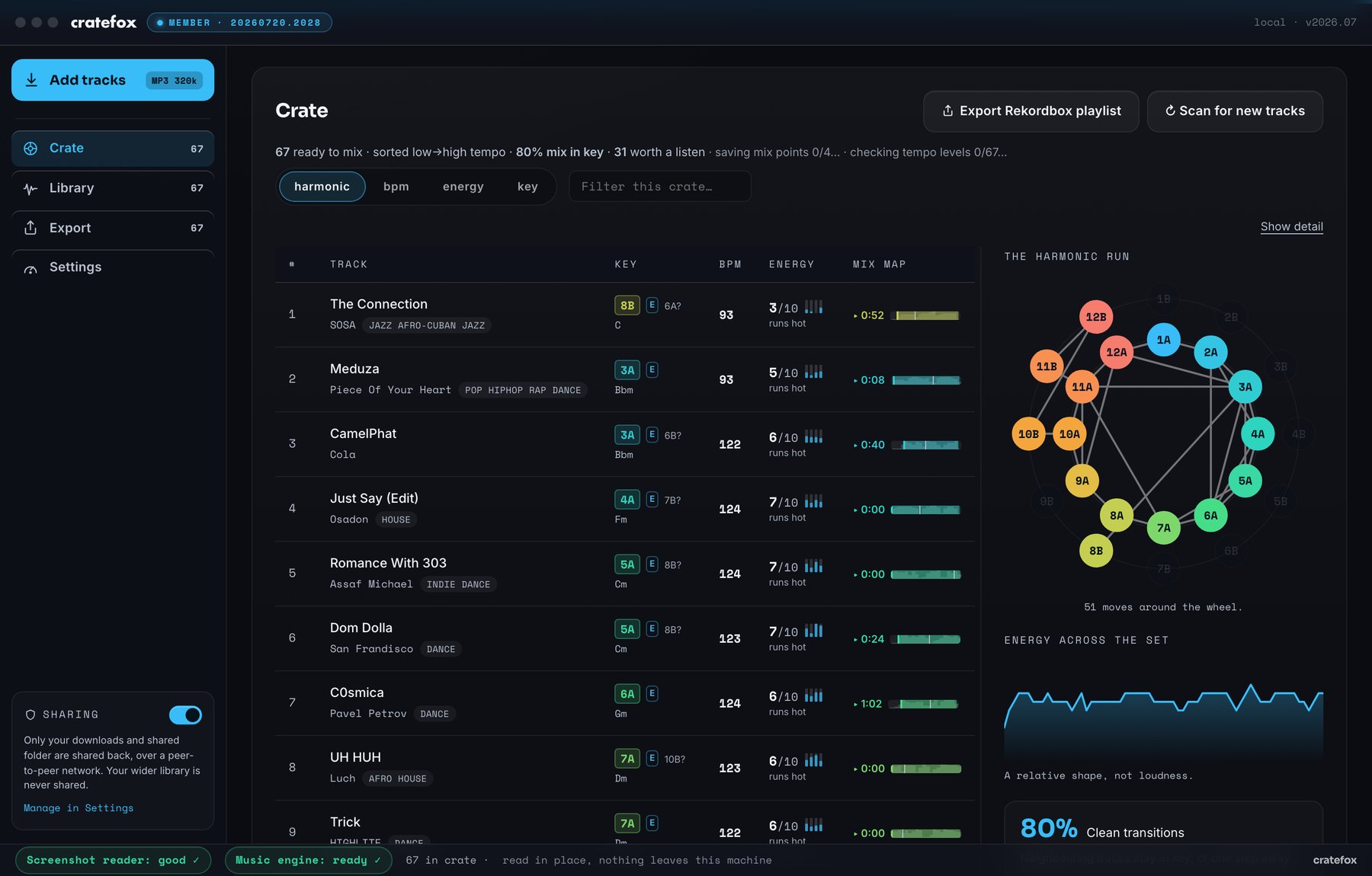 The Crate screen: the full set sorted low to high tempo with key chips, energy scores and mix maps