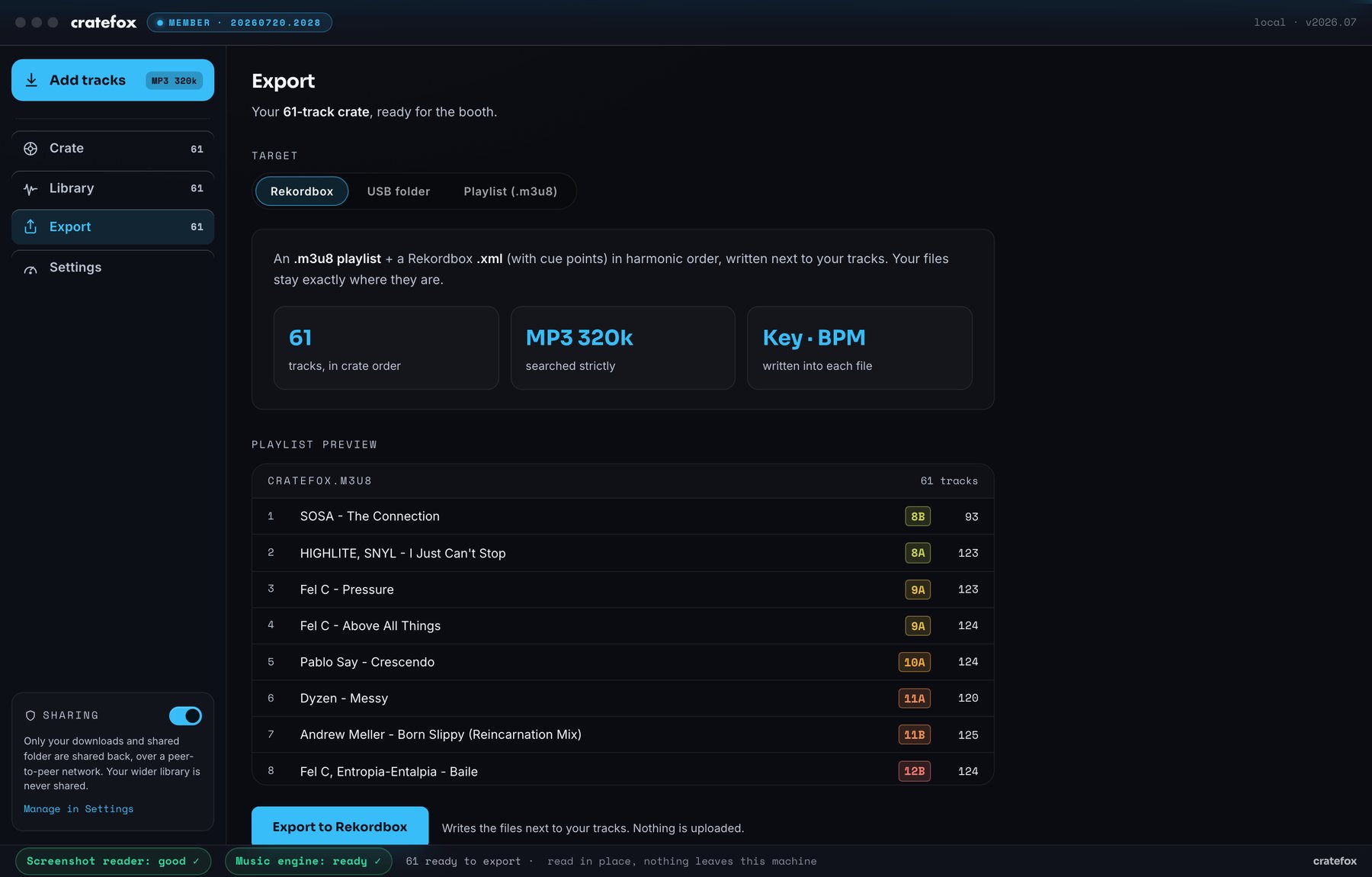 The Export screen: Rekordbox target selected, the 61-track playlist preview in crate order with keys and BPM, one click from writing the files next to the tracks