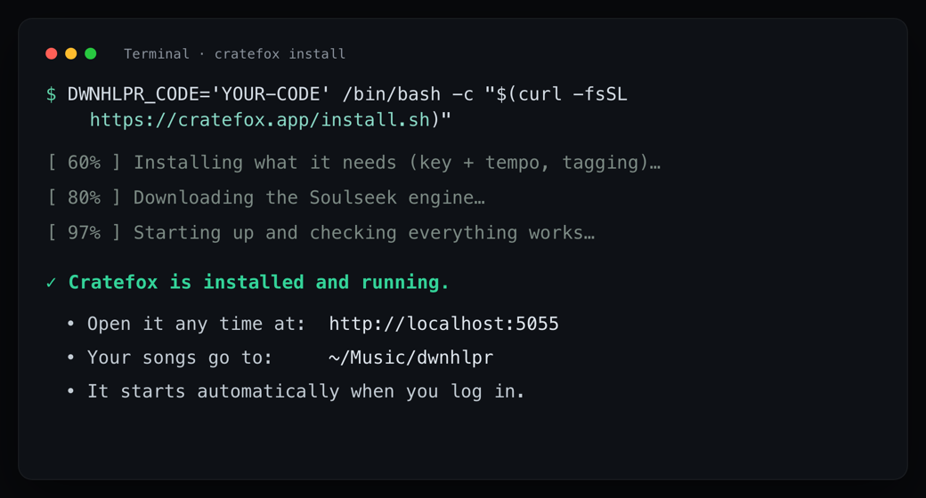 A Terminal window showing the green line: Cratefox is installed and running, then the address to open it.